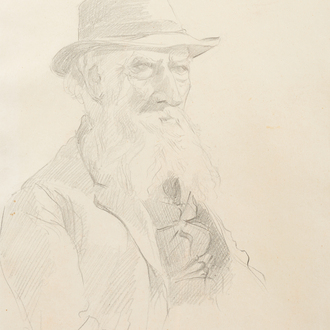 Emile Claus (1849-1924): Portrait d'un homme âgé barbu, crayon sur papier