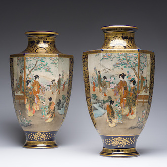 A pair of Japanese Satsuma vases with ladies and children in a garden, Meiji, 19th C.