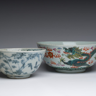 A Chinese blue and white Swatow bowl and a rose-verte 'dragon' bowl, Ming and 19th C.