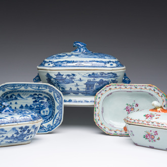 Three Chinese blue, white and famille rose covered tureens and two stands, Qianlong