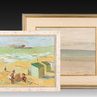 Georges Dheedene (1909-1973): Vue de plage, huile sur panneau et De Kat (20ème siècle): Plaisirs d'été, huile sur toile