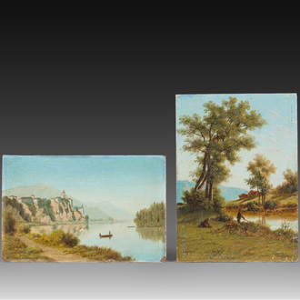 Jules Arres-Lapoque (1826-1889): Deux paysages fluviaux animés, huile sur panneau
