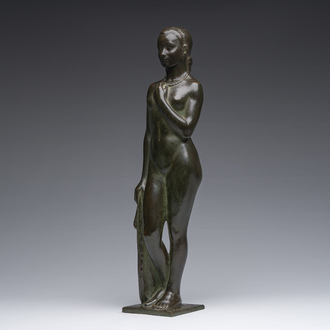 André Taeckens (1906-1965): A standing nude lady with a necklace, patinated bronze, foundry mark 'Brons G. Vindevogel