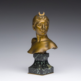 Alexandre Falguière (1831-1900): Buste de Diane, bronze doré sur socle en marbre, marque de fonderie 'Thiebaut Frères Paris'