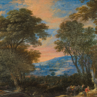 École flamande: Deux voyageurs et un âne dans un paysage, huile sur panneau, 17ème siècle