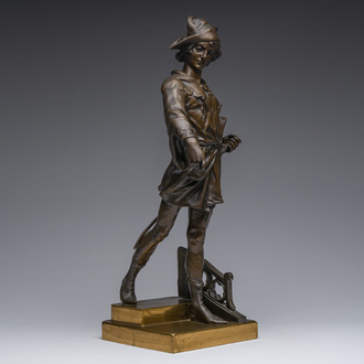 Emile Picault (1833-1915, à la manière de): 'Escholier', bronze partiellement à patine brune, 20ème siècle