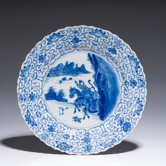 A Chinese blue and white 'Mongolian hunting' dish, Chenghua mark, Kangxi