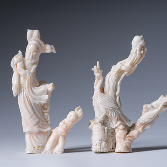 Deux sculptures en corail blanc représentant Guanyin et Shou Lao, Chine, 19ème/20ème siècle