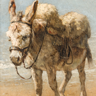 Edmond De Pratere (1826-1888): Âne sur la plage, huile sur panneau