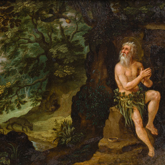 Flemish school, follower of Maerten De Vos (1532-1603): Saint Paul the hermit in the wilderness, oil on copper, 17th C.