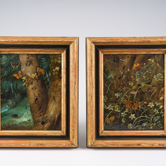 Otto Marseus Van Schrieck (1619-1678): Paire de natures mortes forestières avec papillons et insectes, huile sur panneau