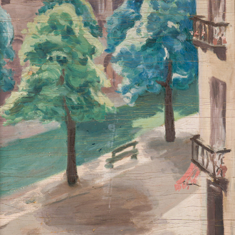 Ecole belge: Vue depuis la fenêtre, huile sur toile, 20ème siècle