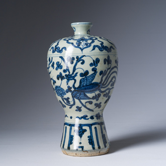 A Chinese blue and white 'phoenixes among lotus scroll' meiping vase, Ming
