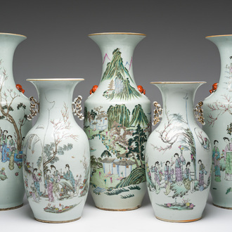 Five Chinese famille rose and qianjiang cai vases, 19th/20th C.