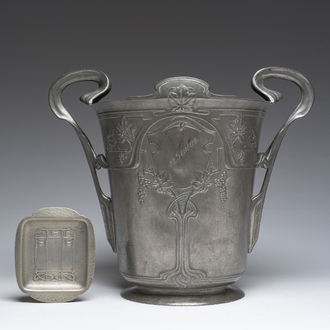 A continental pewter Art Nouveau champagne cooler and an English pewter Liberty & Co pin tray, early 20th C.