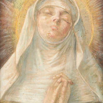 Jacques Doré (1861-1929): Sainte en prière, peut-être Catherine de Sienne, pastel sur toile, début du 20ème siècle