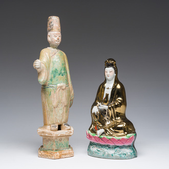 A Chinese green-glazed pottery sculpture of a temple guard and a famille rose Guanyin, probably Ming and 20th C.