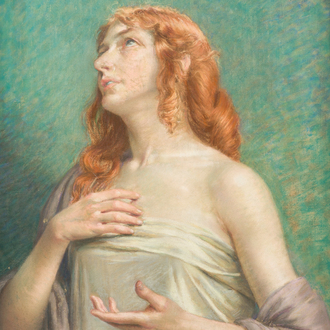 Jacques Doré (1861-1929): Portrait d'une dame dans le style préraphaélite, pastel sur toile, daté 1903