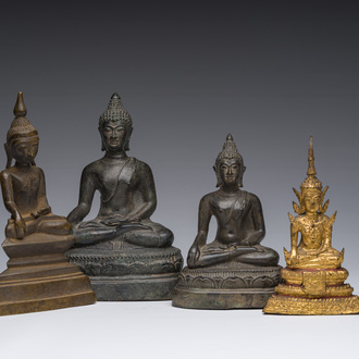 Four partly gilt bronze Buddha sculptures, Thailand and Cambodia, 19th/20th C.