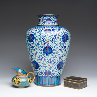 A Chinese cloisonné 'meiping' vase with lotus scrolls, an ewer and a rectangular box and cover, 19th/20th C.