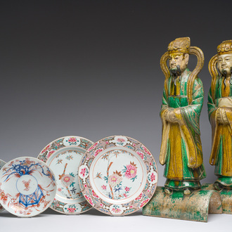 A pair of Chinese sancai roof tiles, a pair of famille rose plates and a pair of Imari style plates, Ming and later