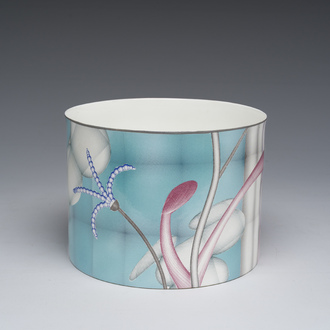 Claire Verkoyen (1959): A cylindrical eggshell porcelain 'Psychedelics I' vase with transfer design, Unica, dated 2003