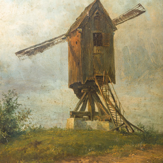 Xavier De Cock (1818-1896): View of the large post mill on the Molenberg in Deurle, oil on board