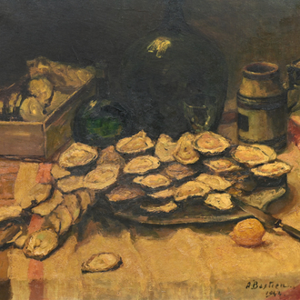 Alfred T. Bastien (1873-1955): Nature morte aux huîtres, huile sur toile, daté 1944