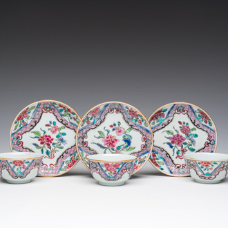 Three Chinese famille rose cups and saucers with floral design, Qianlong