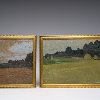 École belge, monogrammé A.S. (Albert Servaes, 1883-1966): Deux paysages, huile sur toile marouflée sur board
