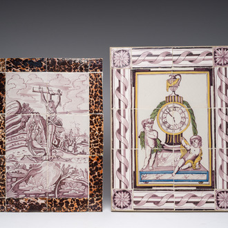 A polychrome Dutch Delft 'clock' tile mural and a manganese 'Crucifixion' tile mural, The Netherlands, 18th/19th C.