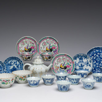 A varied collection of Chinese blue, white and famille rose cups and saucers and a gilt decorated teapot, Kangxi and later