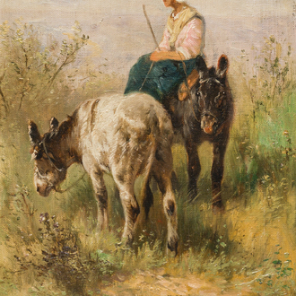 Henry Schouten (1860-1927): Bergère avec ses deux ânes dans un paysage, huile sur toile