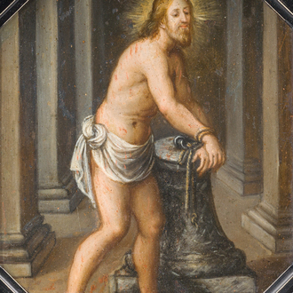 Ecole flamande: Le Christ aux liens, huile sur cuivre, 17ème siècle