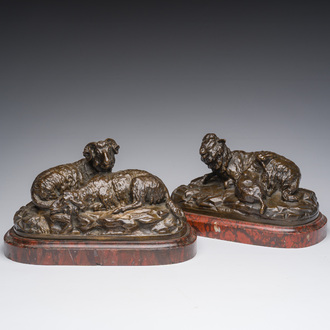 École européenne, signé Buci (19ème/20ème siècle): Deux groupes avec des moutons, bronze à patine brune sur socle en marbre rouge, vers 1900