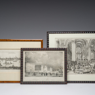 Deux gravures encadrées représentant des vues d'Anvers et une de la Grande Iconoclasme d'après Jan Luyken, 19ème siècle