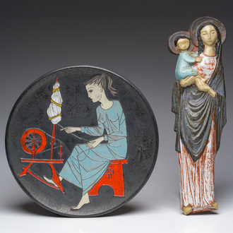 Joost Maréchal (1911-1971) and Amfora: a dish with a woman at a spinning wheel and a wall applique of the Madonna with Child