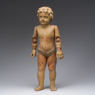 A carved and polychrome decorated wooden mannequin of Jesus as a child with a double movement mechanism, 19th C.