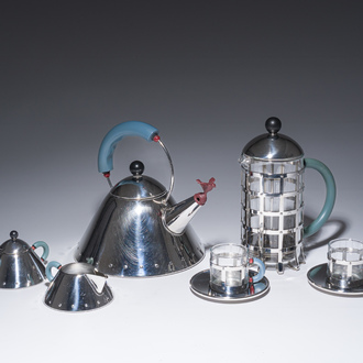 Michael Graves (1934-2015): An Italian eight-piece stainless steel coffee and tea set with the iconic 'Model 9093' tea kettle, Alessi, 1980s