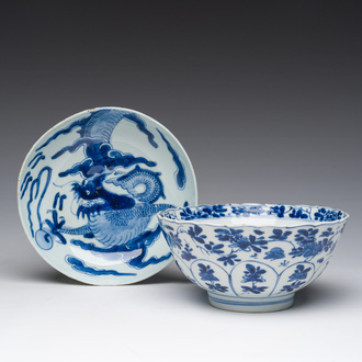 A Chinese blue and white bowl with floral design and a 'dragons' dish, Kangxi/Yongzheng