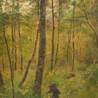 Cesar De Cock (1823-1904): Sous-bois animé, huile sur toile