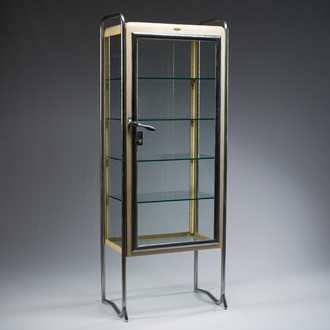 A Belgian chrome-plated and patinated metal doctor's display case with four glass shelves, Usines Annoye, third quarter 20th C.