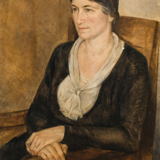 École belge: Portrait d'une dame assise dans un fauteuil, huile sur toile, première moitié du 20ème siècle