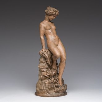 Claude Michel (Clodion, 1738-1814, after): A nymph leaning on a rock, patinated terracotta, 19th C.