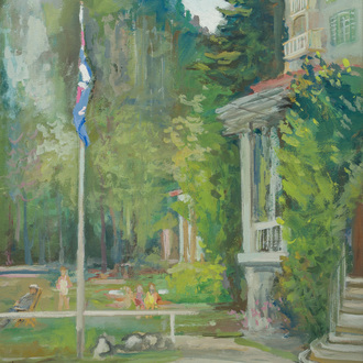 Ecole belge, illisiblement signé: Parc animé en été, huile sur papier, daté (19)59