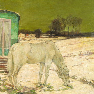 Oscar Coddron (1881-1960): Paysage enneigé avec un cheval et une caravane, huile sur toile
