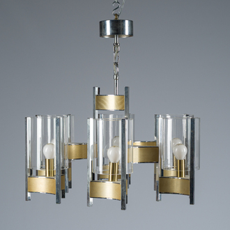 Gaetano Sciolari (1927-1994): A six-light 'Hurricane' brass and chrome-plated metal chandelier, third quarter 20th C.