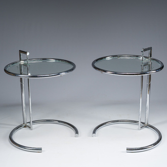 Eileen Gray (1878-1976): A pair of height-adjustable chromed steel and glass side tables, the so-called Classicon Adjustable Table E1027, [1970s]
