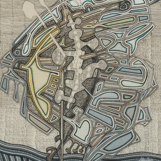 Alice Remy (20ème siècle): Composition avec calligraphie, techniques mixtes sur papier