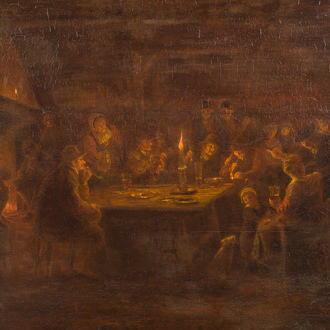 École belge: Intérieur avec un groupe joyeux à la lueur des bougies, huile sur panneau, 19ème siècle